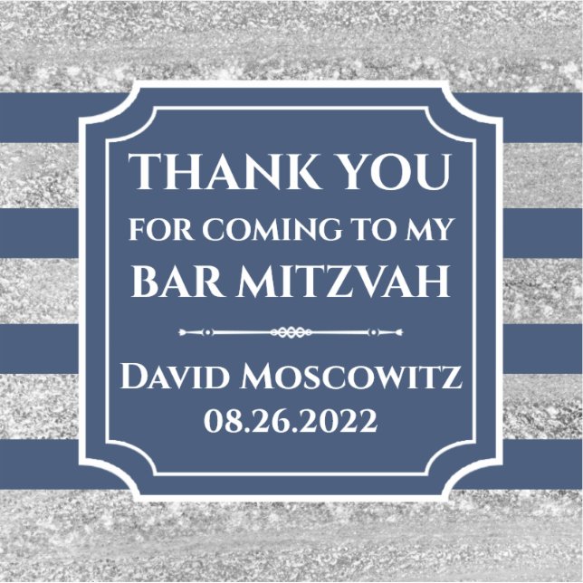 Azul, Gris Striped Bar Mitzvah Gracias Pegatina (Anverso)