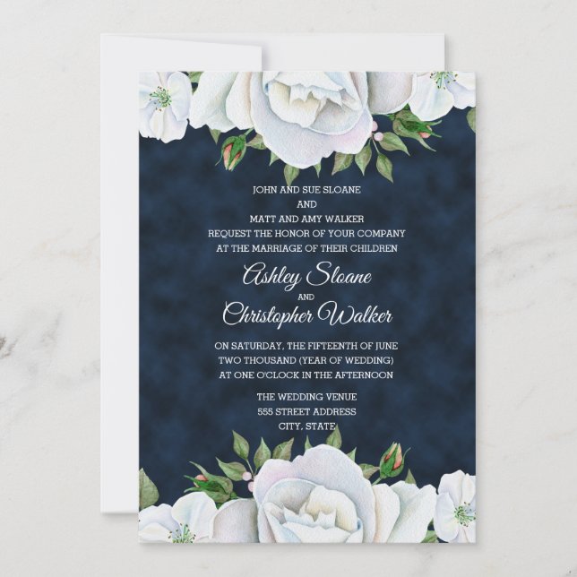 Azul marino con invitación a la boda floral blanca (Anverso)