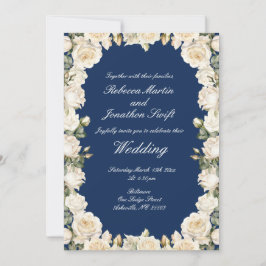 Azul marino con rosas blancas Invitación a la boda