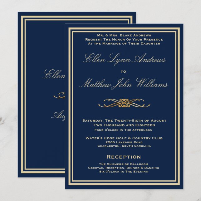 Azul marino de lujo - Invitación a la boda - Trim  (Anverso / Reverso)
