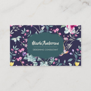 Azul marino - Elegante Tarjeta de visita de flores