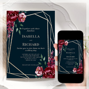 Azul Marino   Invitación a la boda floral de Borgo