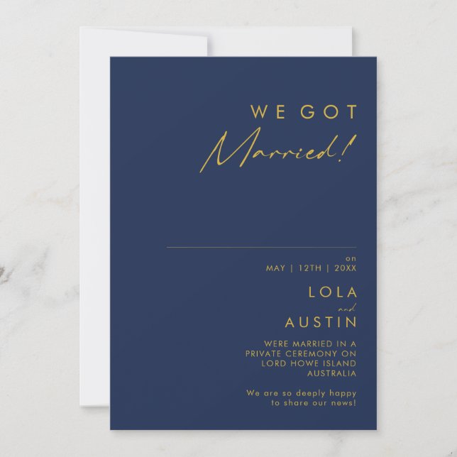 Azul marino moderno | Invitación de Oro Elopement (Anverso)