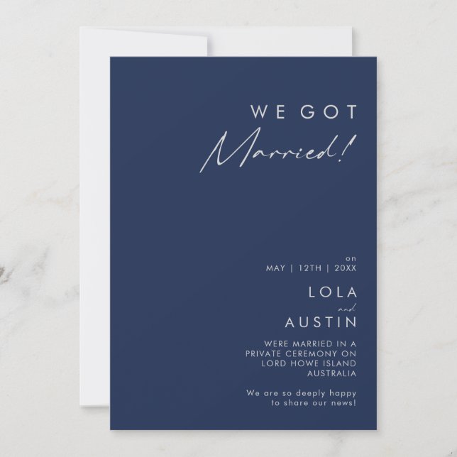 Azul marino moderno | Invitación Silver Elopement (Anverso)