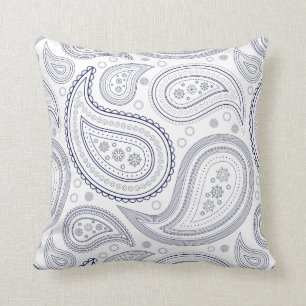 Azul marino Paisley sobre Cojín decorativo blanco