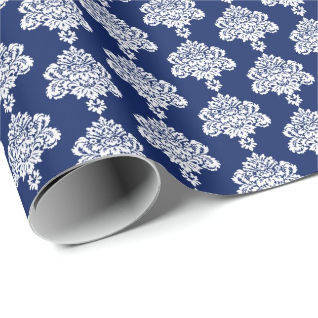 Azul Marino | Papel de ajuste de Damasco blanco (Esquina del rollo)