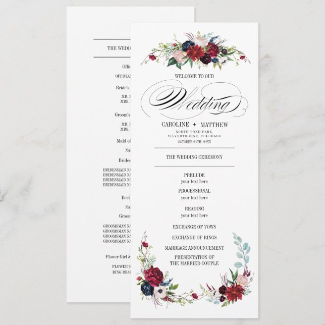 Azul marino | Programa de Bodas Florales Rojas de  (Anverso / Reverso)