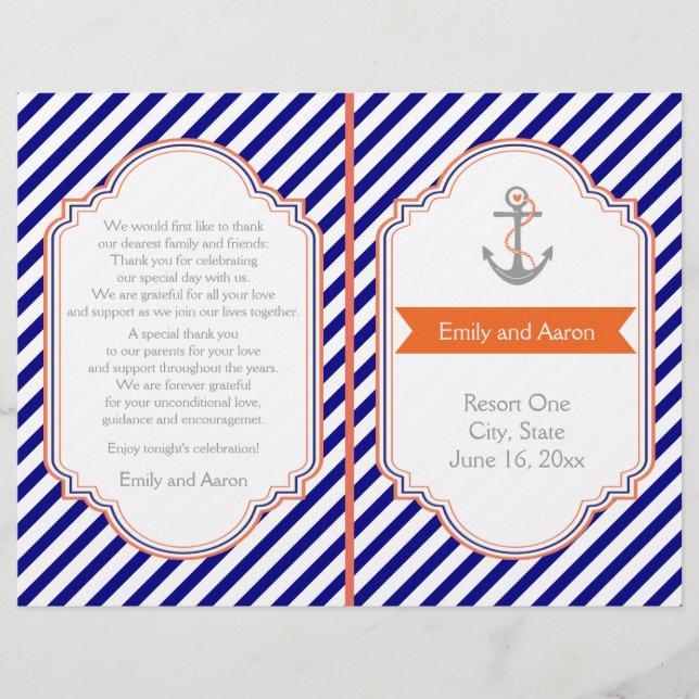 Azul marino, programa de bodas náuticas de coral (Anverso)