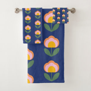 Azul Marino Retro Folk Escandinavo Flores Baño