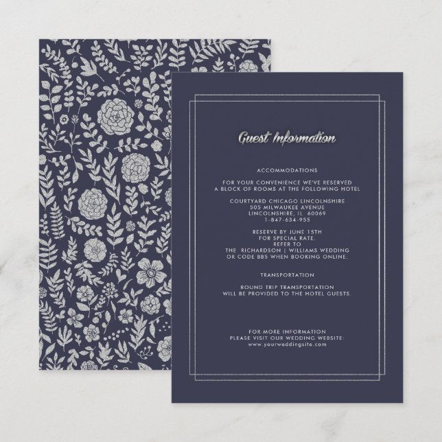 Azul Marino | Tarjeta de detalles del Boda floral  (Anverso / Reverso)