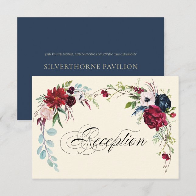 Azul Marino | Tarjeta de recepción de bodas floral (Anverso / Reverso)