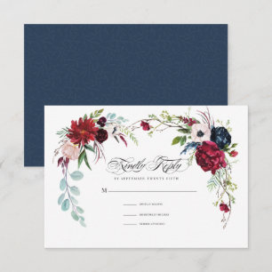 Azul Marino Tarjeta RSVP de Boda Floral Borgoña