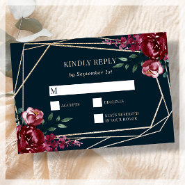 Azul Marino | Tarjeta RSVP de Boda Floral Borgoña