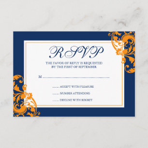 Azul marino y Naranja Florecen Swirls Wedding RSVP