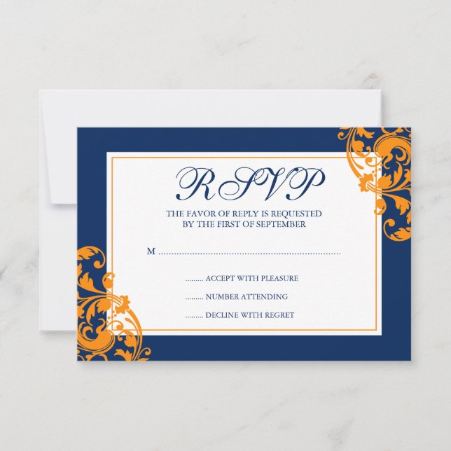 Azul marino y Naranja Florecen Swirls Wedding RSVP (Anverso)