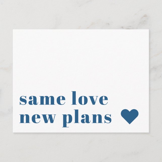 Azul | Moderna Invitación de postergación de Bodas (Anverso)