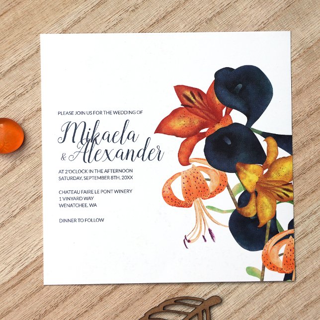 Azul, Naranja, Lilies de oro, Invitación a la Boda (Unique Fall Floral Wedding Invitations, Orange Tiger Lilies and Navy Blue Calla Lilies)