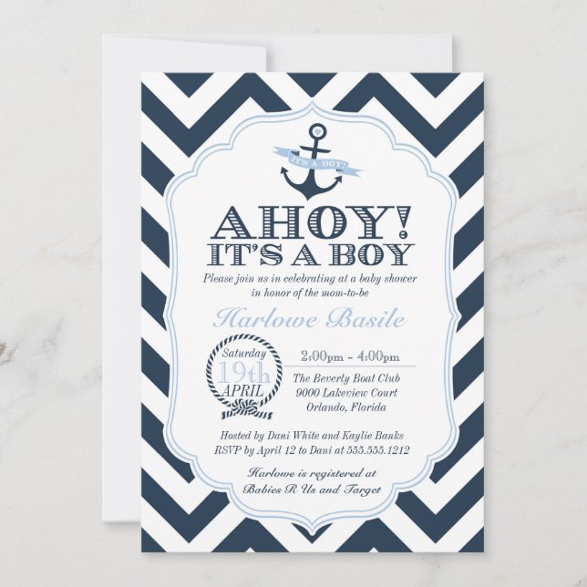 Azul náutico de la invitación de la ducha del bebé (Anverso)