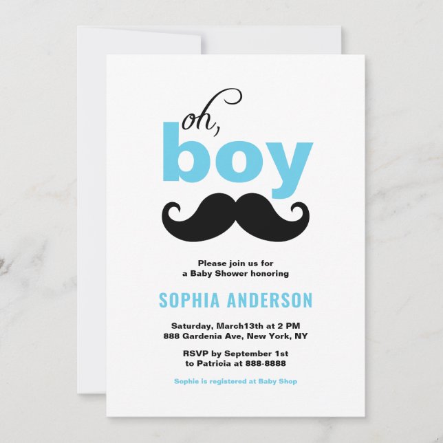 Azul Oh es una invitación de Baby Shower de Boy Mu (Anverso)