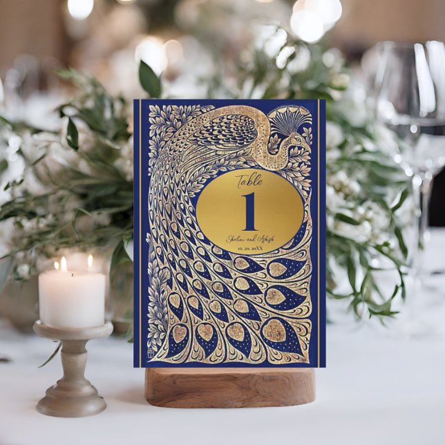Azul Oro Peacock Art Nouveau Boda Número de tabla (Subido por el creador)