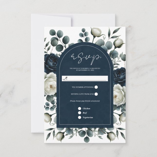Azul oscuro y blanco floral moderno verde RSVP (Anverso)