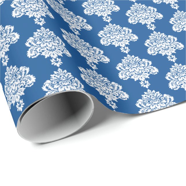Azul | Papel de ajuste de Damasco blanco (Esquina del rollo)
