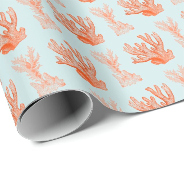 Azul| Papel de envolver de coral marino Naranja (Esquina del rollo)