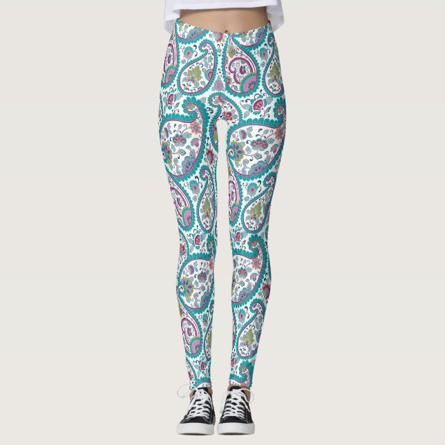 Azul Persa Boteh Paisley Patrón Yoga Leggings (Anverso)