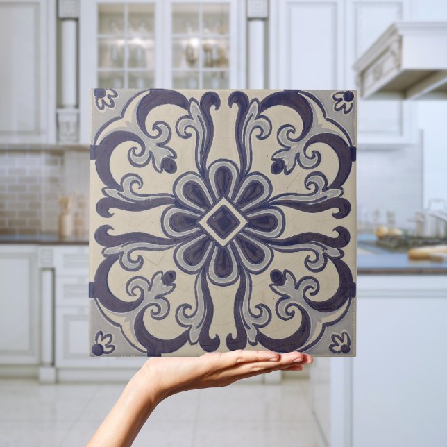 Azul portugués Geométrico Azulejos Floral (Portuguese Blue Geometric Azulejos Floral Tile
)