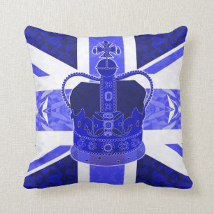 Azul real, bandera británica y corona - almohada