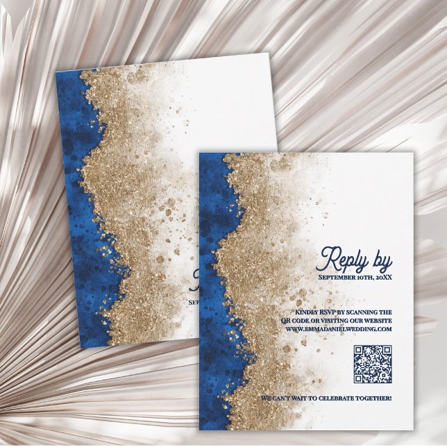 Azul Real Dorado Código QR Lujo Respuesta de Boda  (Royal Blue Gold QR Code RSVP Card Luxury Navy Blue Wedding RSVP with QR Code )