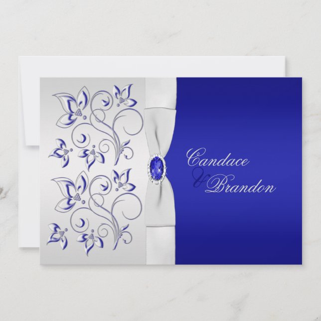 Azul real e invitación floral de plata de la boda (Anverso)
