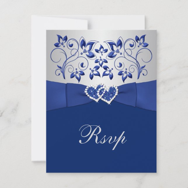 Azul real, floral plateada, boda cardíaca RSVP (Anverso)
