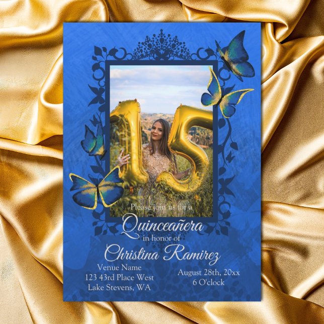 Azul real, mariposa dorada Invitación Quinceanera (fancy gold and royal blue quinceanera invitation, script writing english wording ornate vines leaves)