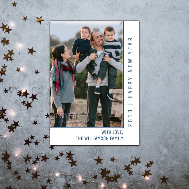 Azul simple de la tarjeta el | de la foto de la (Simple Line New Years Photo Card - Blue)