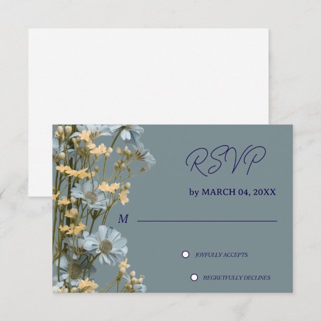 Azul Suave Flor Gris Clásica RSVP Boda (Anverso / Reverso)