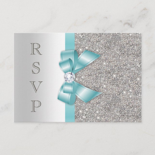 Azul Teal Falso Bow Diamantes de Plata RSVP (Anverso)