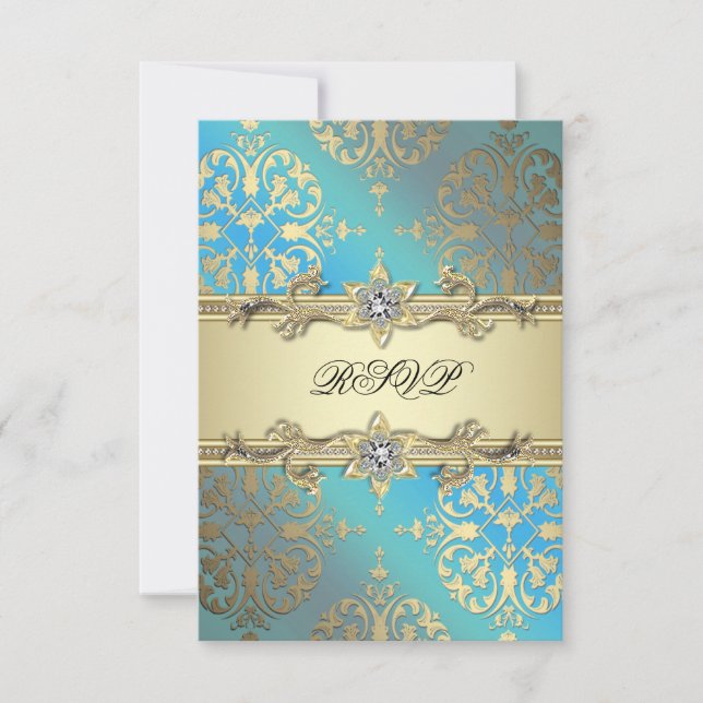Azul Teal Negro Oro Damask RSVP (Anverso)