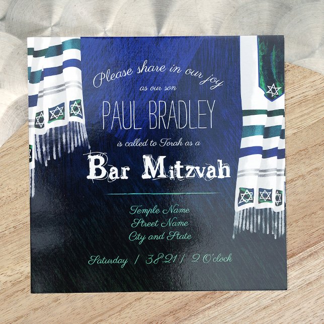 Azul, Verde Oración Shawl Bar Invitación Mitzvah (Dark Blue and Teal Green Bar Mitzvah Invitation with Striped Silver Prayer Shawls, Tallit Design)