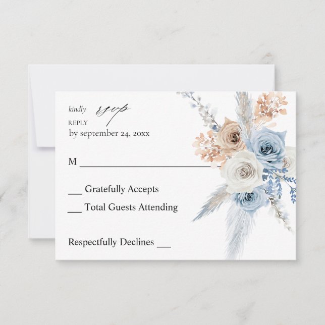 Azul y beige Boho Floral no Comida RSVP 2 (Anverso)
