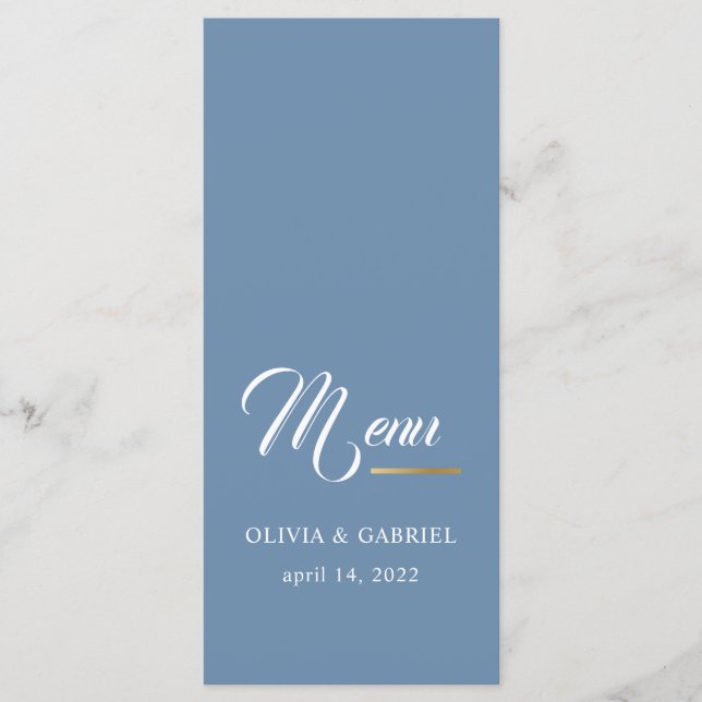 Azul y blanco. Menú de cena boda sencillo y elegan (Anverso)