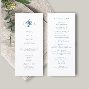 Azul y blanco Programa de Boda de Monograma Flor