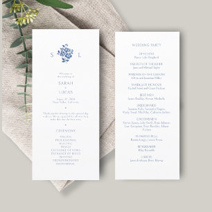 Azul y blanco Programa de Boda de Monograma Flor
