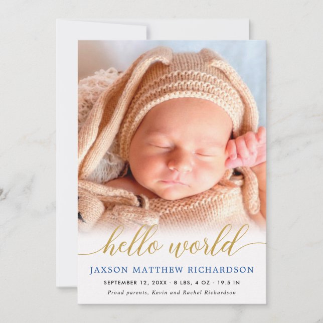 Azul y oro hola mundo bebé invitación (Anverso)