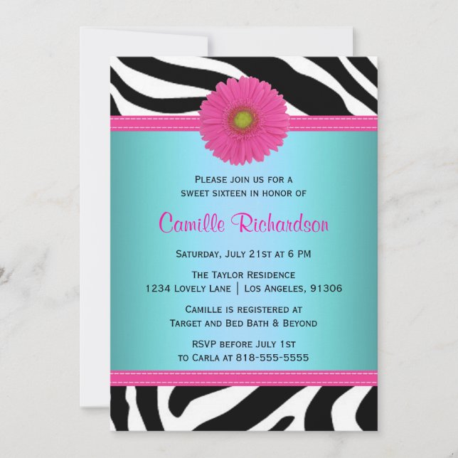 Azul y rosa, dulce cebra Dieciséis invitaciones (Anverso)