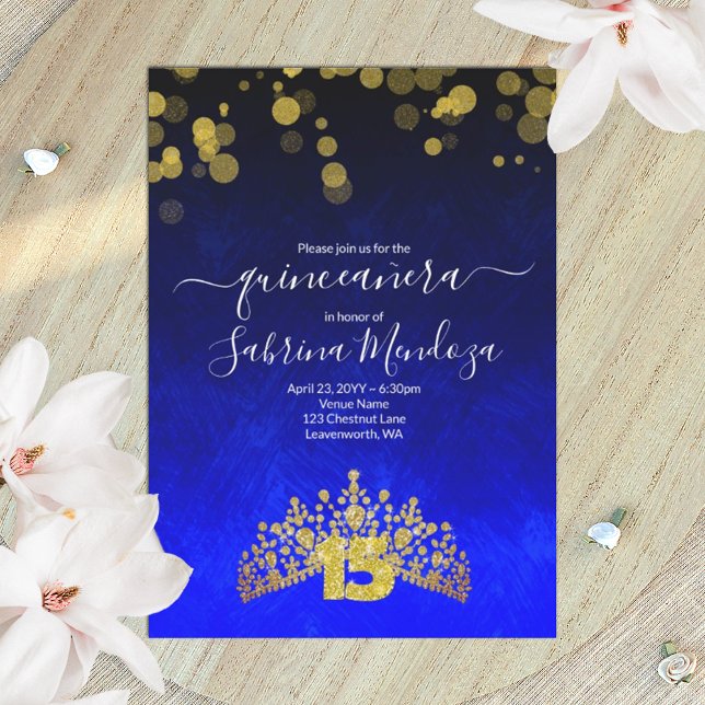 Azul zafiro, Invitación a Quinceanera Tiara Gold (royal blue, gold shimmery lights, gold rhinestone tiara, glitter #15 quinceanera invitation)