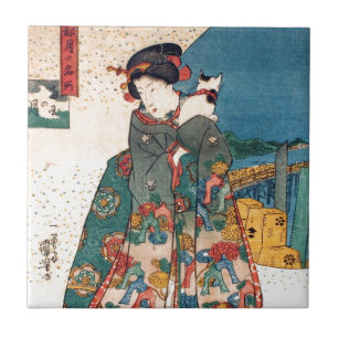 Azulejo 少女と猫, chica del 国芳 con el gato, Kuniyoshi, Ukiyo-e