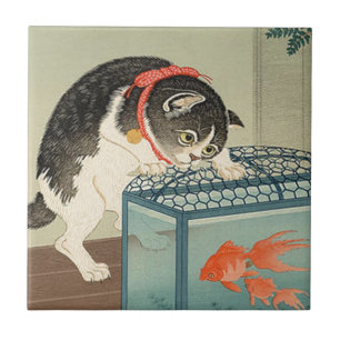Azulejo 猫と金魚, gato y Goldfish, Koson, Ukiyo-e del 古邨