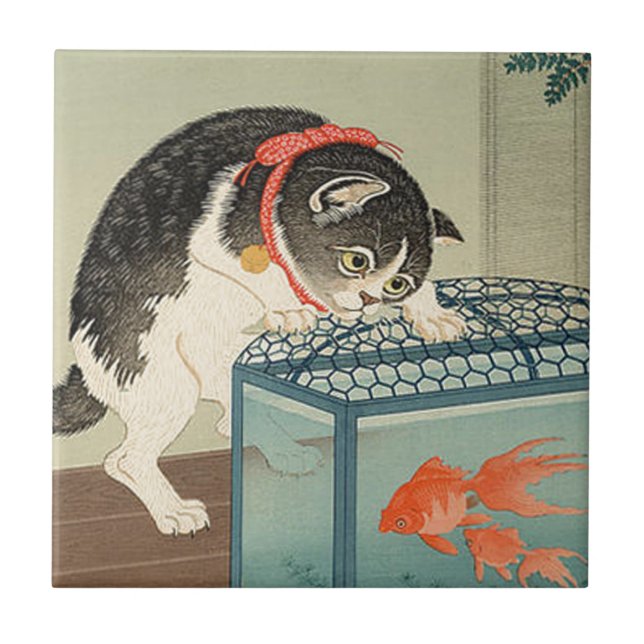 Azulejo 猫と金魚, gato y Goldfish, Koson, Ukiyo-e del 古邨 (Frente)