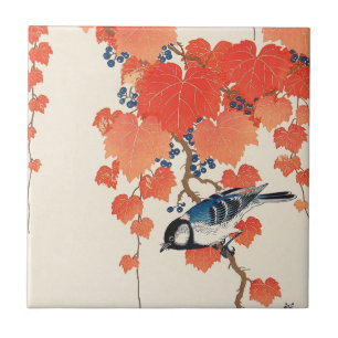 Azulejo 赤い蔦に鳥, pájaro del 古邨 en la hiedra roja, Koson,